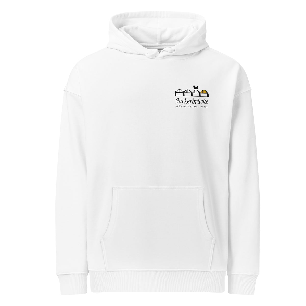 Gackerbrücke Bio-Hoodie weiß – Vorderansicht